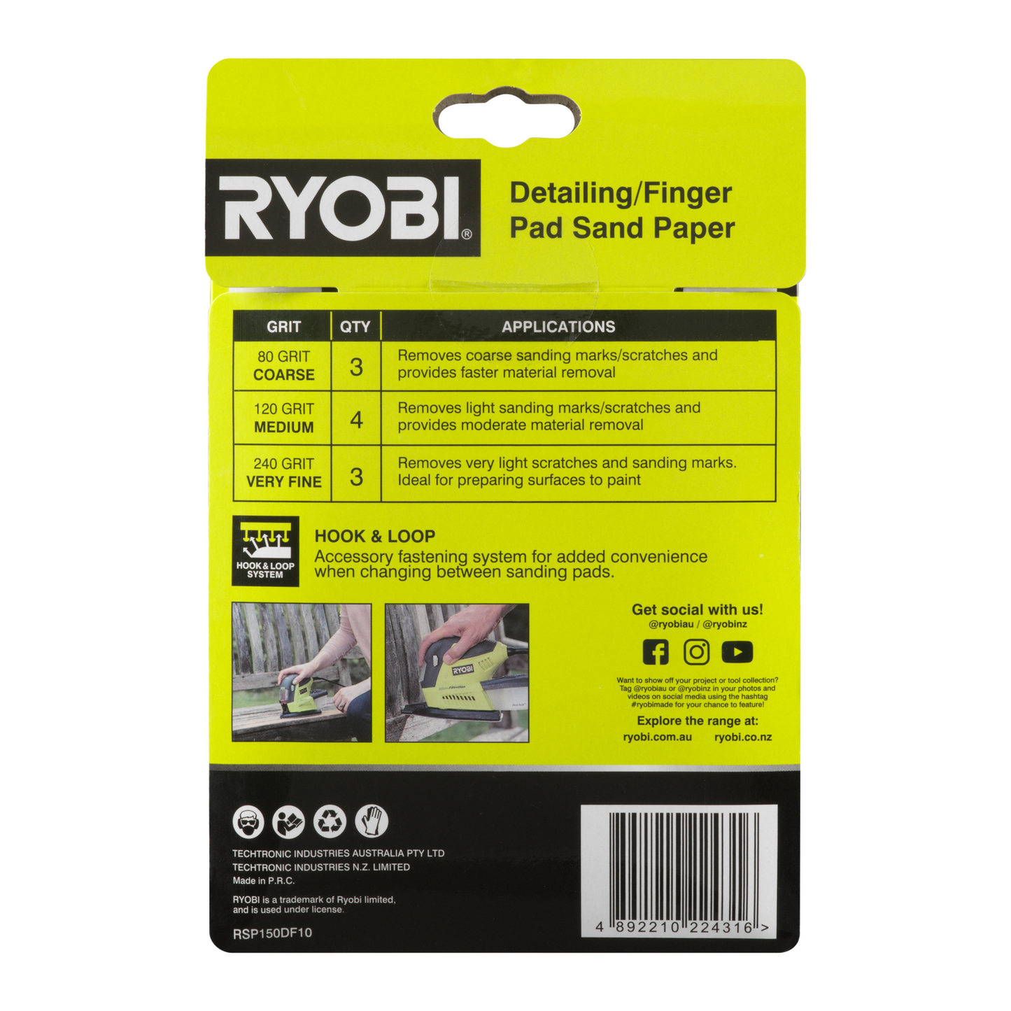 Ryobi Detail Finger Sanding Set - 100 x 150mm - 80/120/240 Grit - 10 Piece