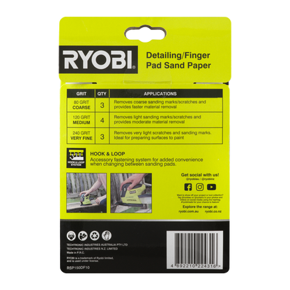 Ryobi Detail Finger Sanding Set - 100 x 150mm - 80/120/240 Grit - 10 Piece