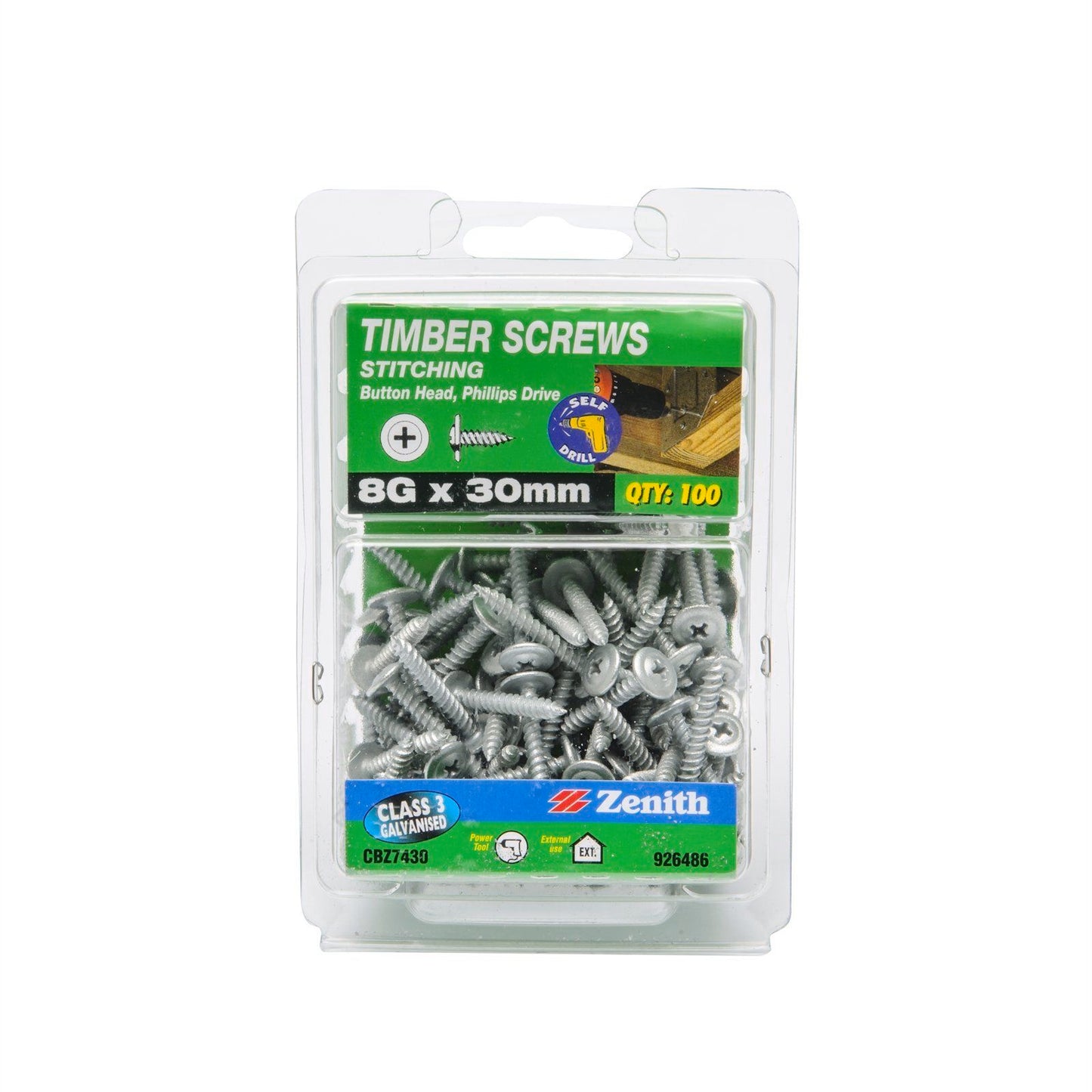 Zenith Timber Screws - 8g x 30mm - Button Head - 100 Pack