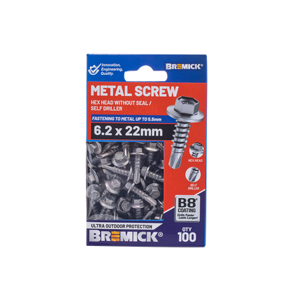 Bremick Metal Hex Screw - 6.2 x 22mm - 100 Pack