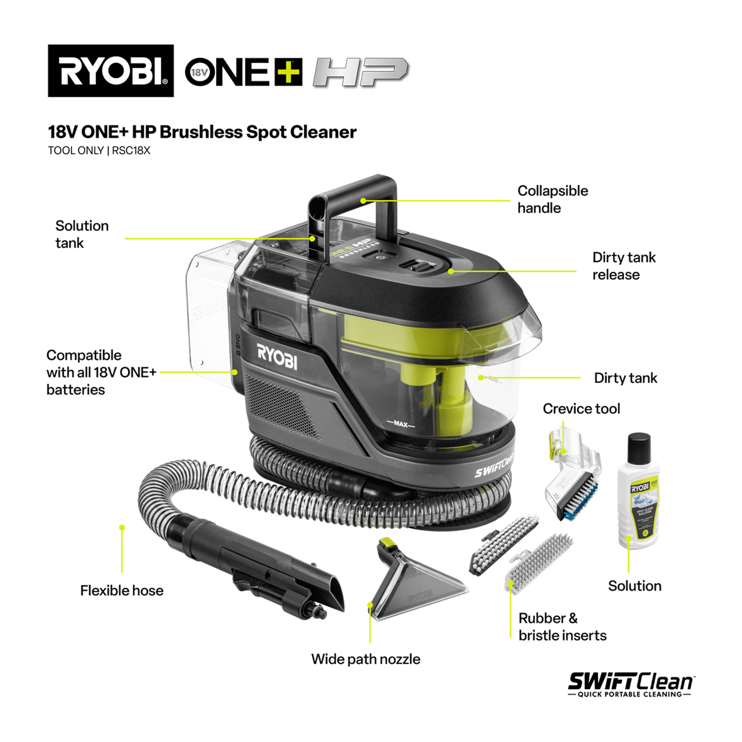 Ryobi ONE+ HP Brushless Swiftclean Spot Cleaner - Tool Only - 250ml