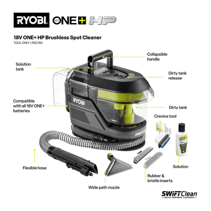 Ryobi ONE+ HP Brushless Swiftclean Spot Cleaner - Tool Only - 250ml