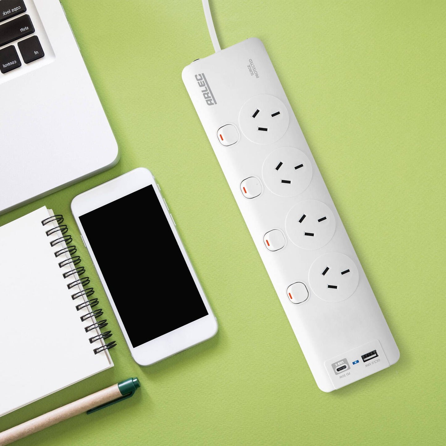 Arlec Surge Powerboard - 4 Outlet - 1.8m - White