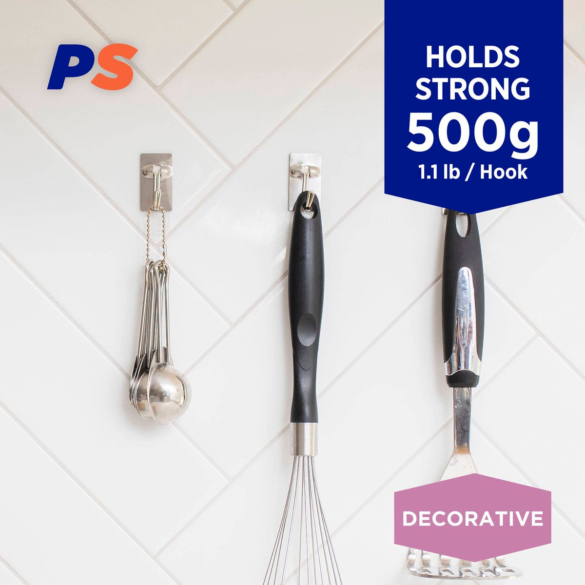 Permastik Small Steel Kitchen Hooks 6 Pack - 5mm x 40mm x 22mm - Stainless Steel