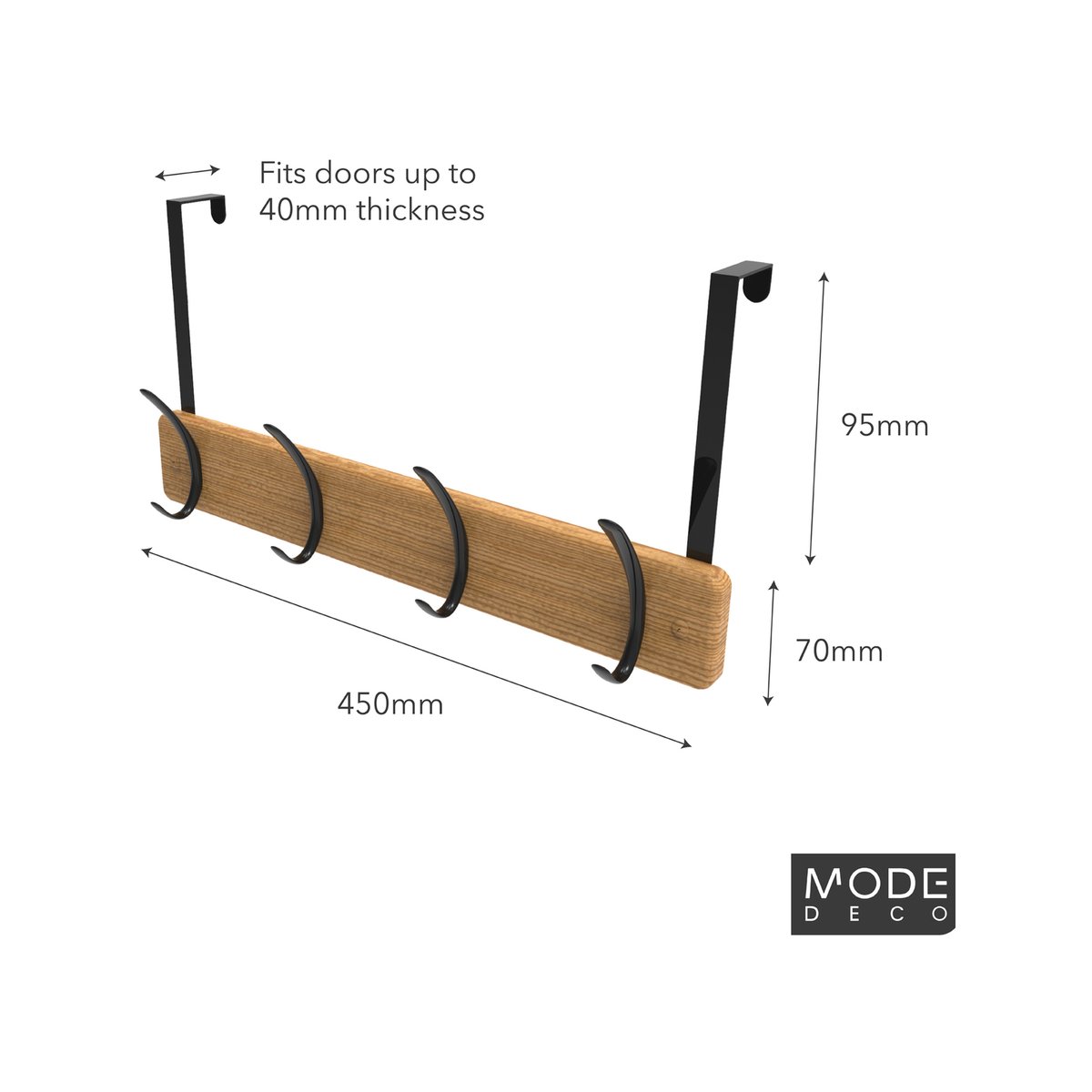 Mode 4 Bamboo Over Door Hanger - 5 Black Hooks - 450mm x 70mm x 45mm