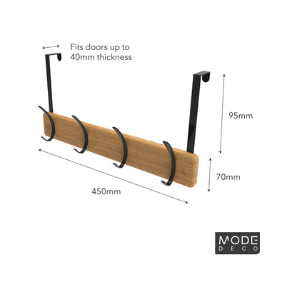 Mode 4 Bamboo Over Door Hanger - 5 Black Hooks - 450mm x 70mm x 45mm