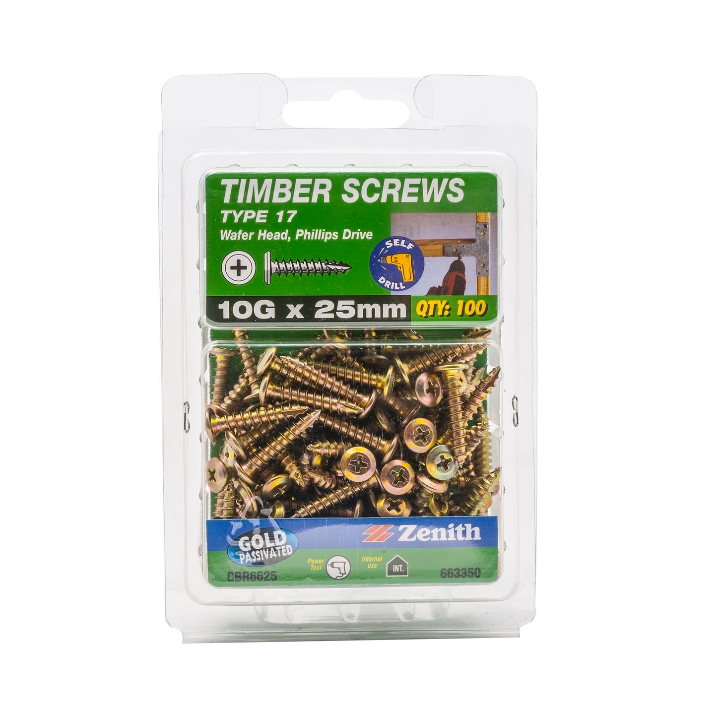 Zenith Gold Passivated Type 17 Wafer Head Timber Screws - 10g x 25mm - 100 Pack