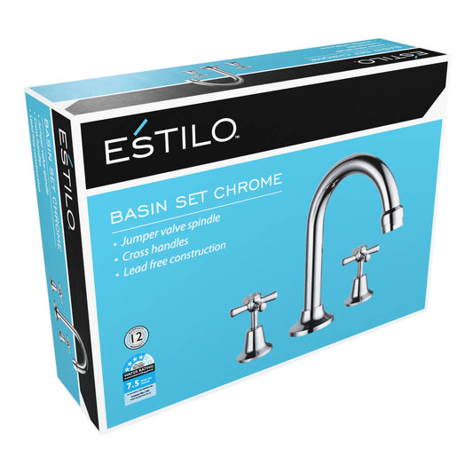 Estilo Basin Set Chrome - Jumper Valve Spindle, Cross Handles, Lead Free Construction