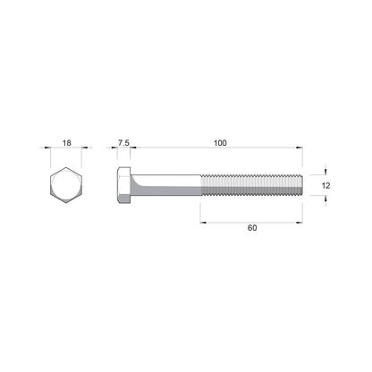 Zenith Hot Dip Galvanised Hex Head Bolts - M12 x 100mm - 12 Pack