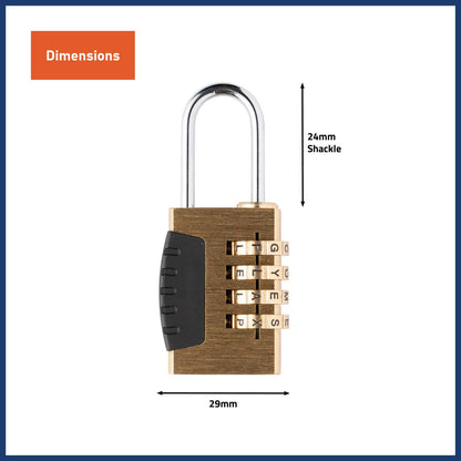 Wordcode 24mm Brass 4 Dial Resettable Padlock