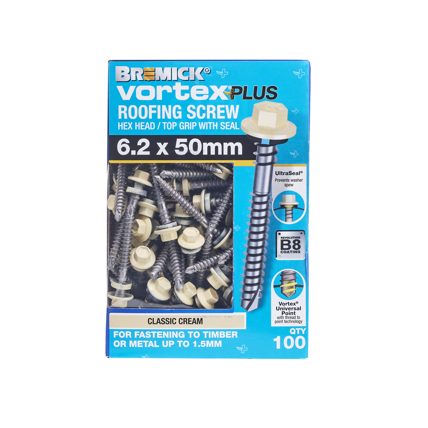 Bremick Vortex Plus Roofing Screw - 6.2 x 50mm - Hex B8 - 100 Pack