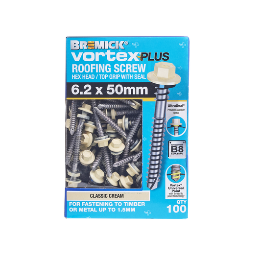 Bremick Vortex Plus Roofing Screw - 6.2 x 50mm - Hex B8 - 100 Pack