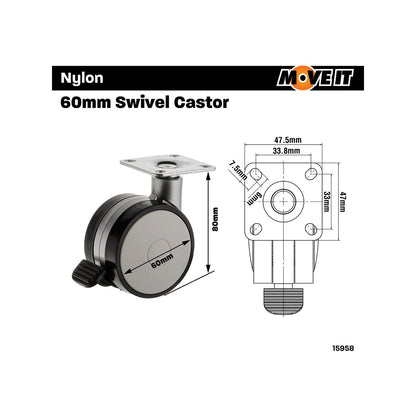 Easyroll Office Swivel Brake Castor - 60mm - Nylon/Steel - 30kg Load