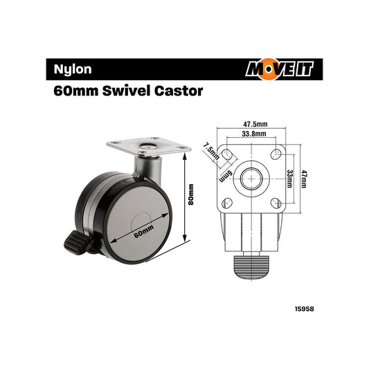 Easyroll Office Swivel Brake Castor - 60mm - Nylon/Steel - 30kg Load