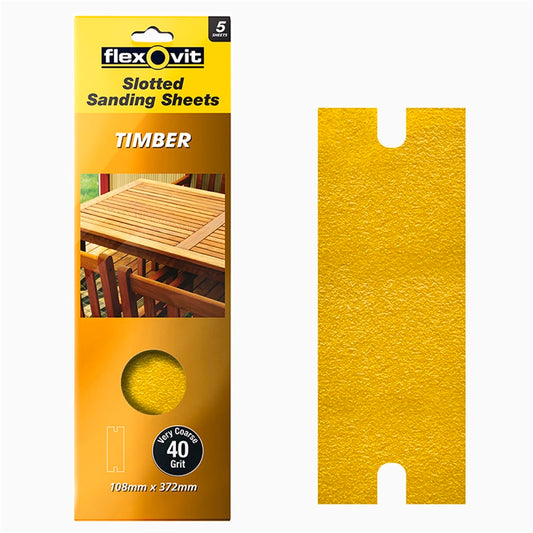 Flexovit Timber Slotted Sanding Sheet - 108 x 372mm - 40 Grit - 5 Pack