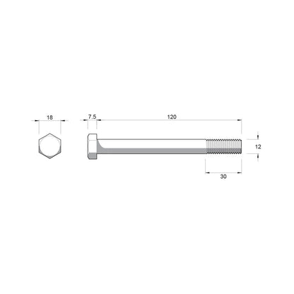Zenith Hex Head Bolt - M12 x 120mm - Stainless Steel 304 - 25 Pack