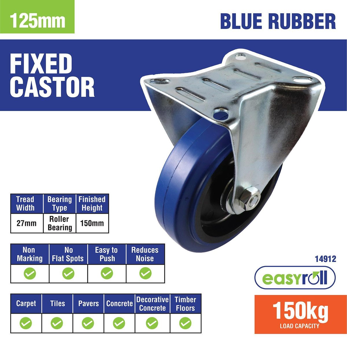 Easyroll Fixed Castor - 125mm - Blue Elastic Rubber - Non-Marking