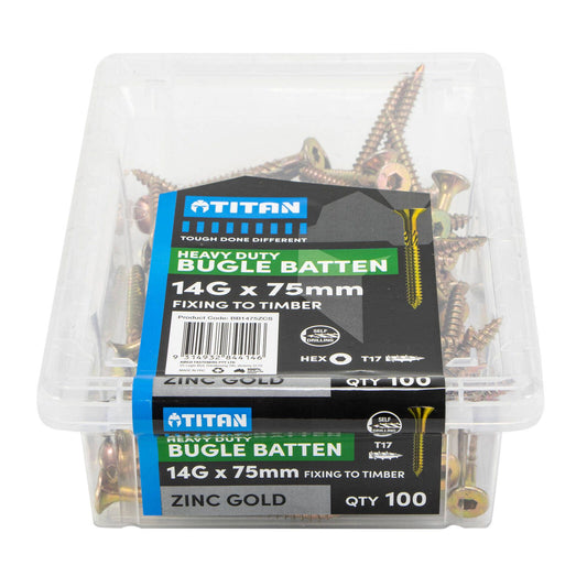 Titan Timber Bugle Batten Screw - 14g x 75mm - Zinc Gold - 100 Pack