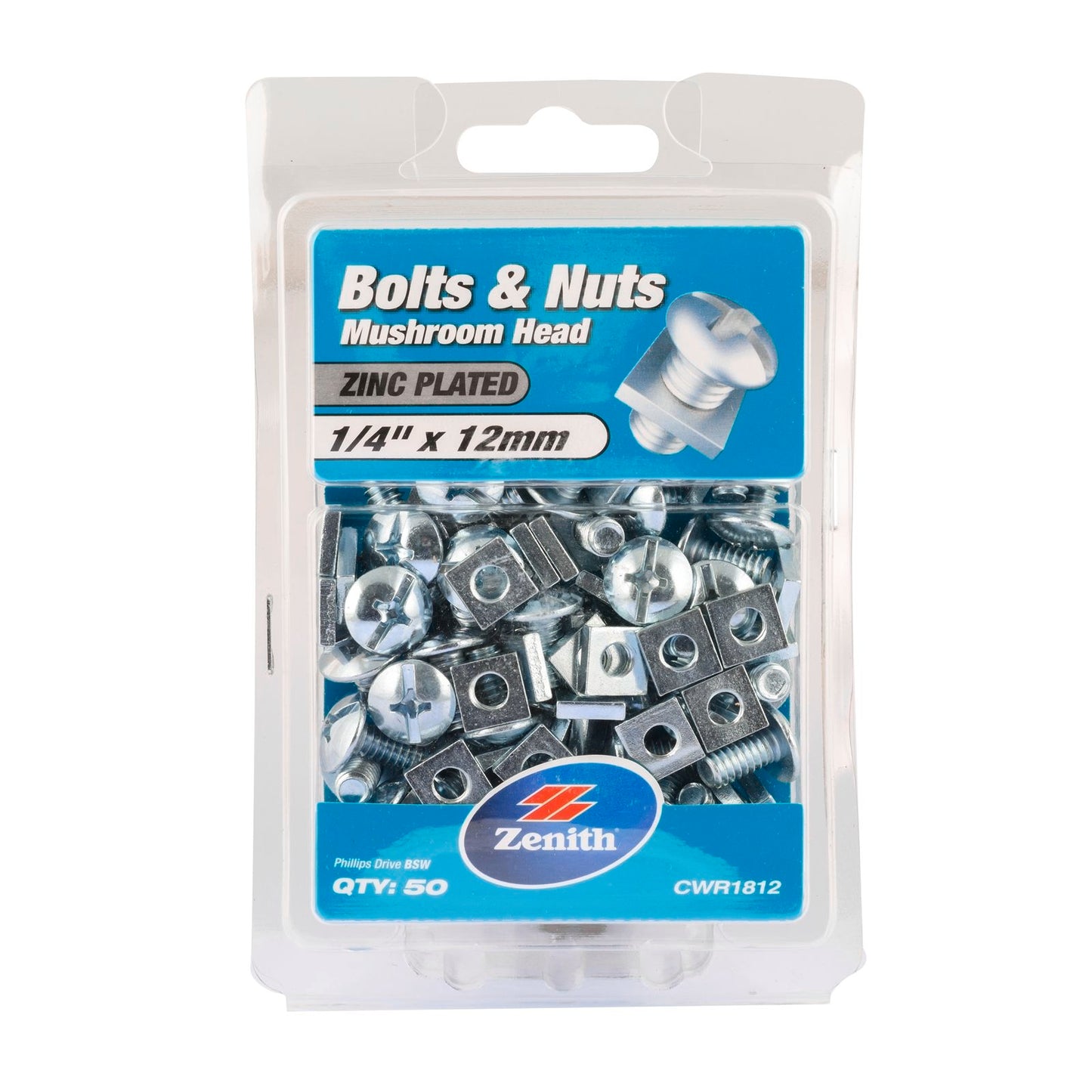 Zenith Mushroom Head Bolts & Nuts - 1/4 x 12mm - 50 Pack