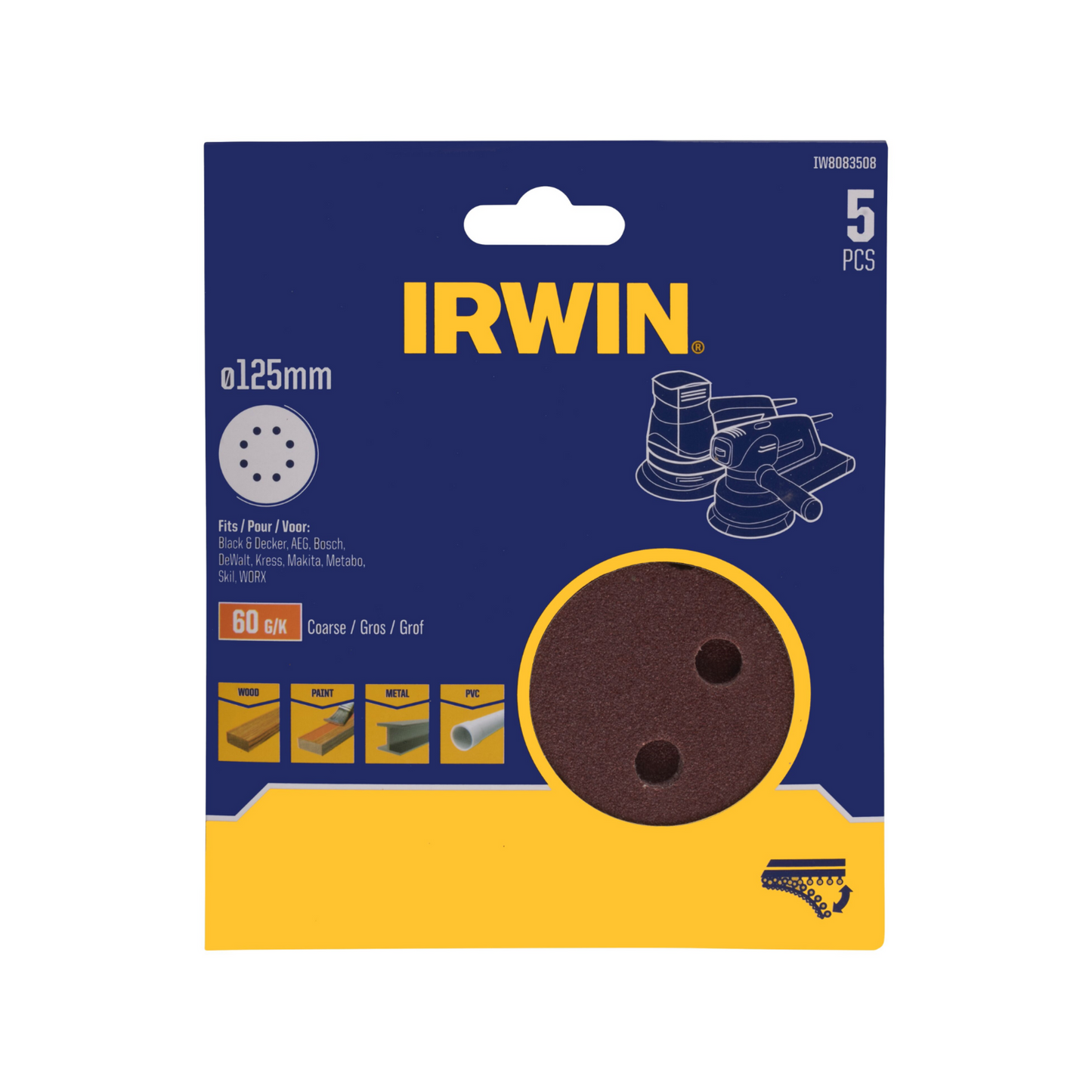 Irwin Quick Fit Random Orbital Sanding Discs - 125mm - 60 Grit - 5 Pack