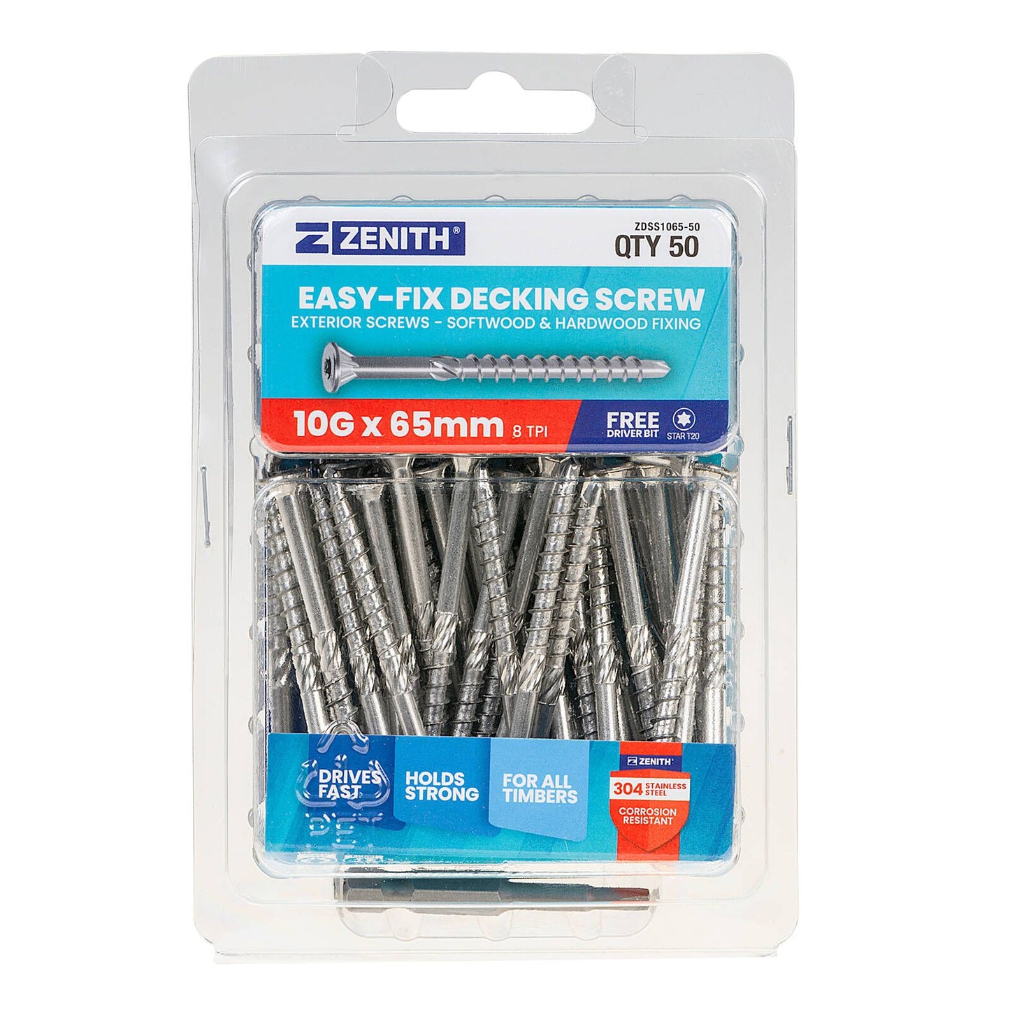 Zenith Easy Fix Decking Screw - T20 - 10g x 65mm - 50 Pack