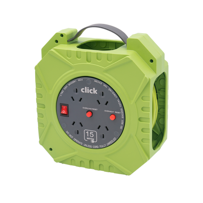 Click Domestic Green and Grey Cable Reel - 4 Outlet - 15m