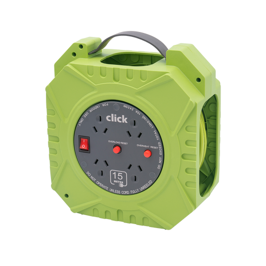 Click 15m Cable Reel - 4 x 10A Outlet,  Green and Grey