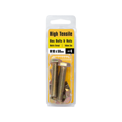 Pinnacle M10 Yellow Zinc Hi Tensile Hex Bolt and Nut - 50mm - 4 Pack
