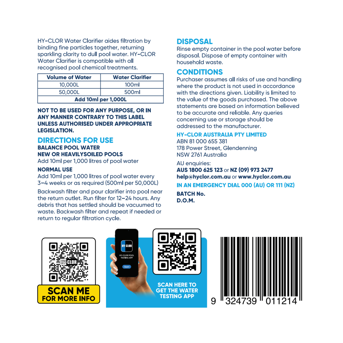 Hy-Clor Water Clarifier - 1L - Fast Acting - For All Pool Types