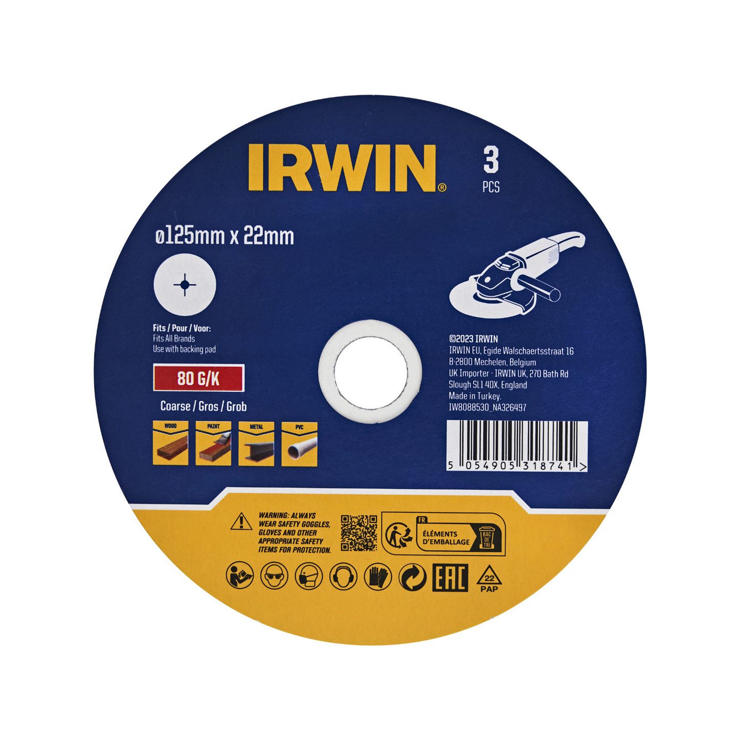 Irwin Fibre Disc - 125 x 22mm - 80 Grit - 3 Pack