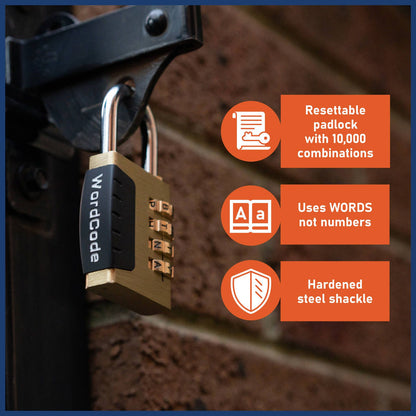 Wordcode 38mm Brass 4 Dial Resettable Padlock