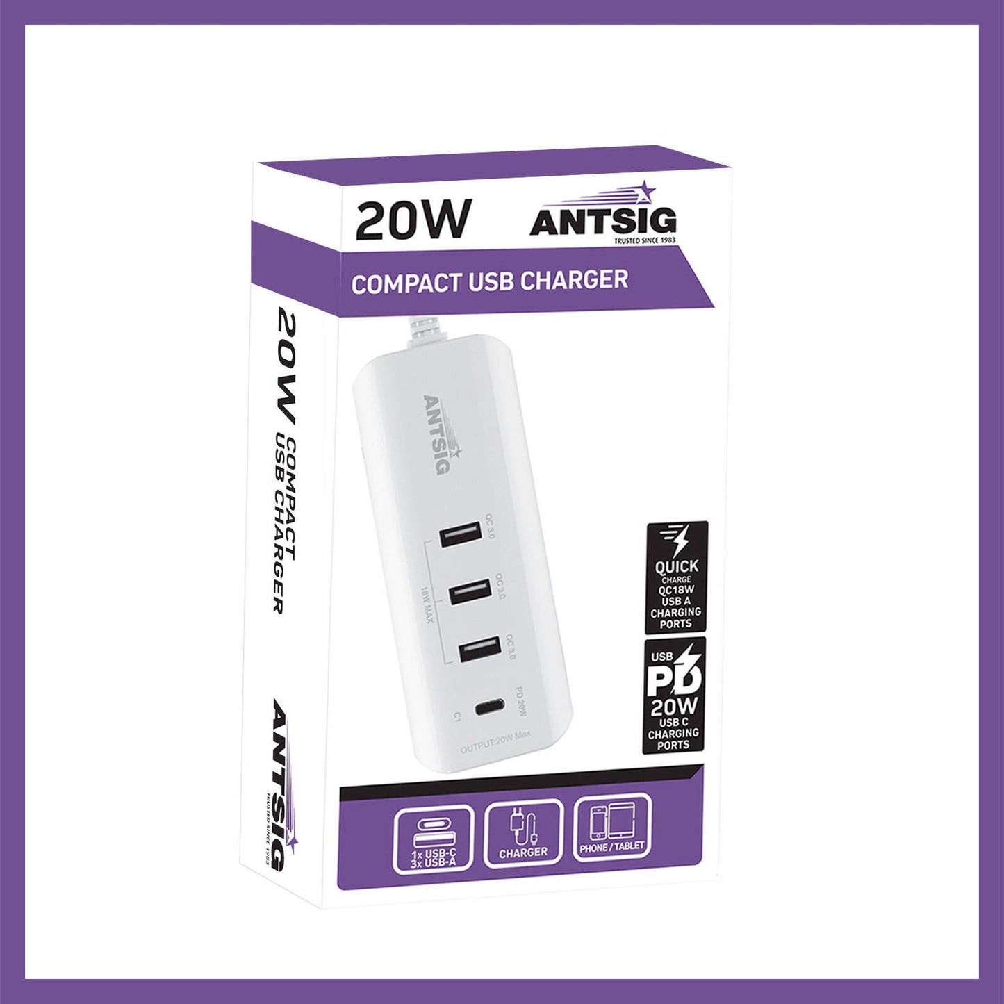 Antsig 20W Compact USB Charger - 4 Ports