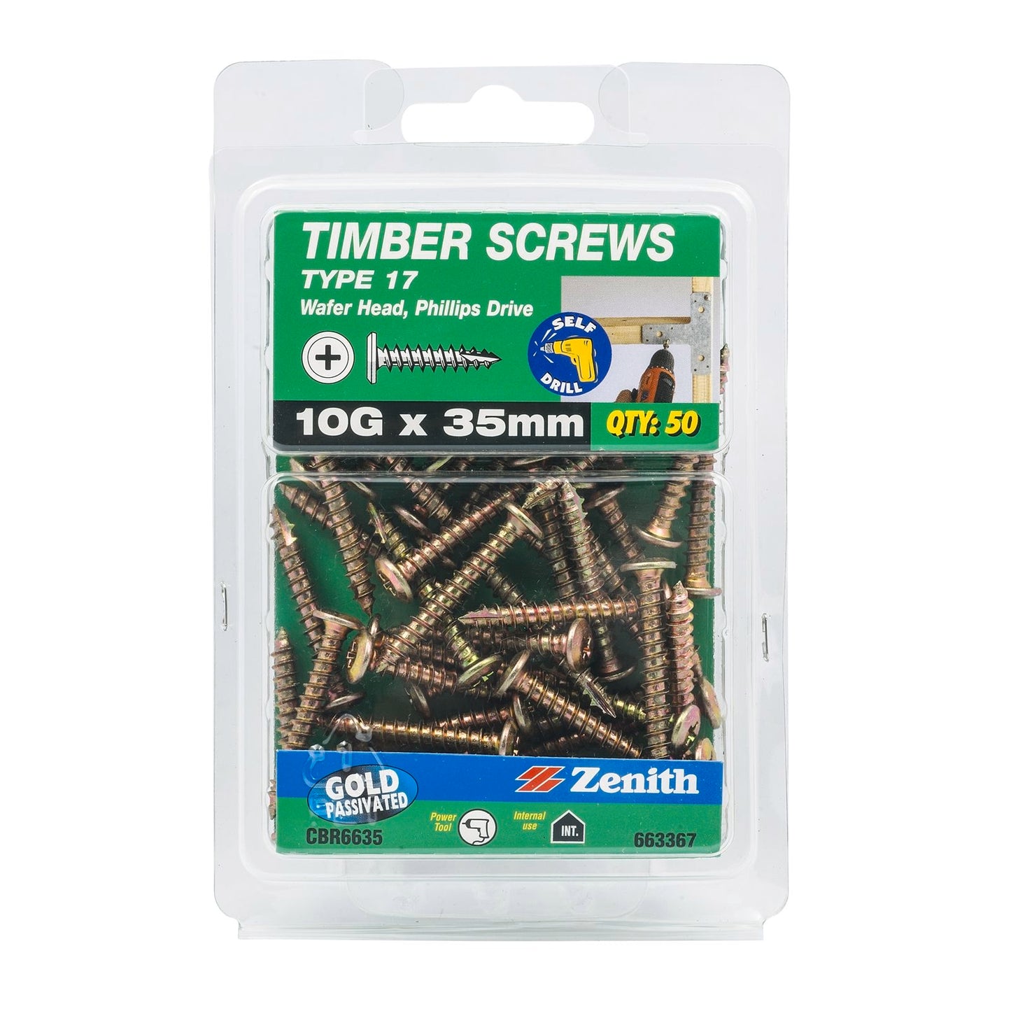 Zenith Gold Passivated Type 17 Wafer Head Timber Screws - 10g x 35mm - 50 Pack