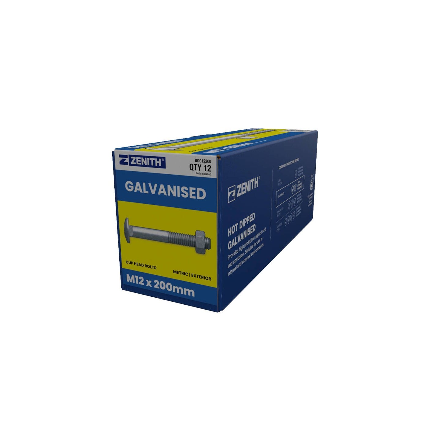 Zenith Hot Dip Galvanised Cup Head Bolts & Nuts - M12 x 200mm - 12 Pack