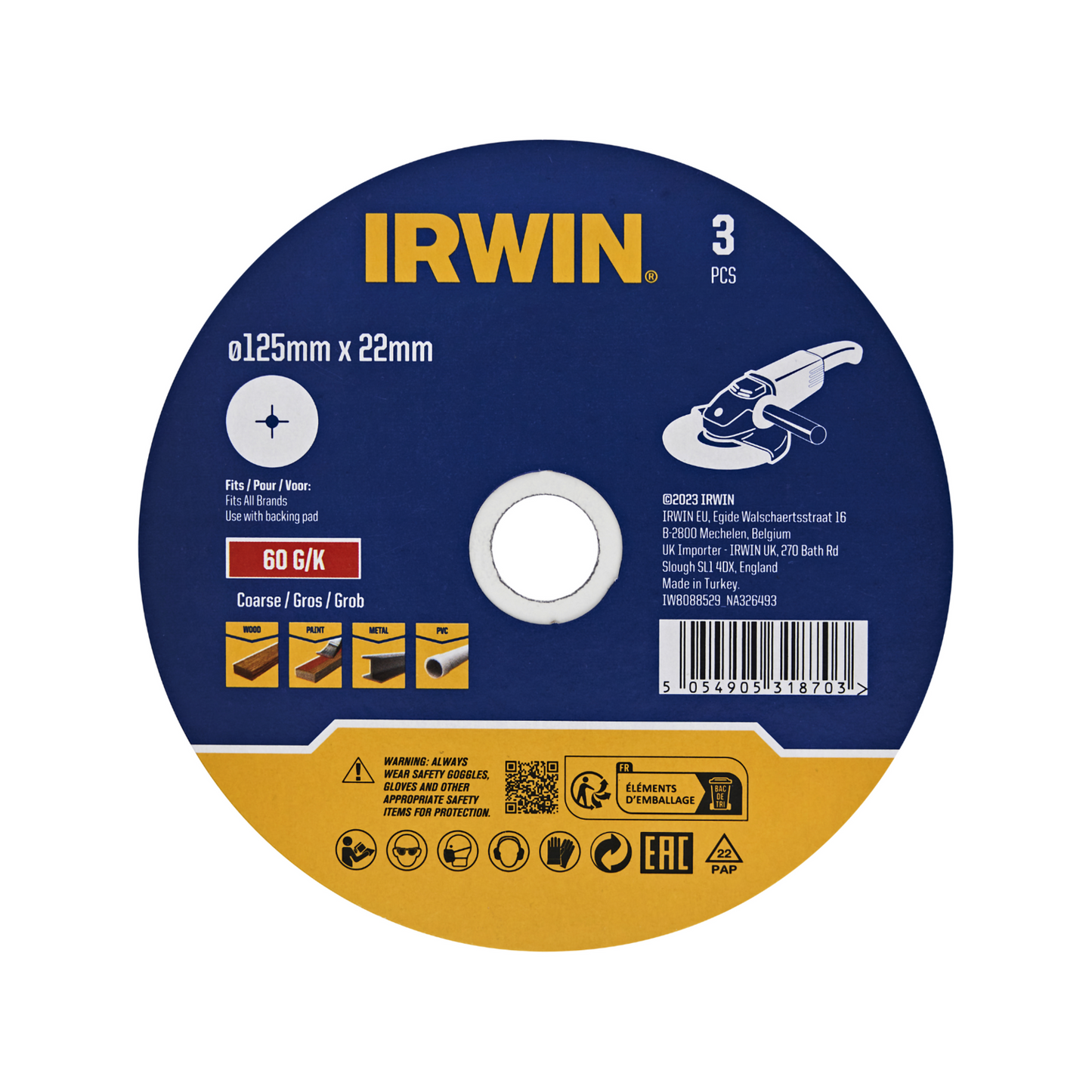 Irwin Fibre Disc - 125 x 22mm - 60 Grit - 3 Pack