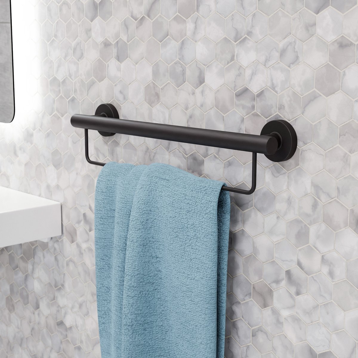 Evekare 600mm Black Towel Rail with Grab Rail - Stainless Steel - 250 kg Capacity