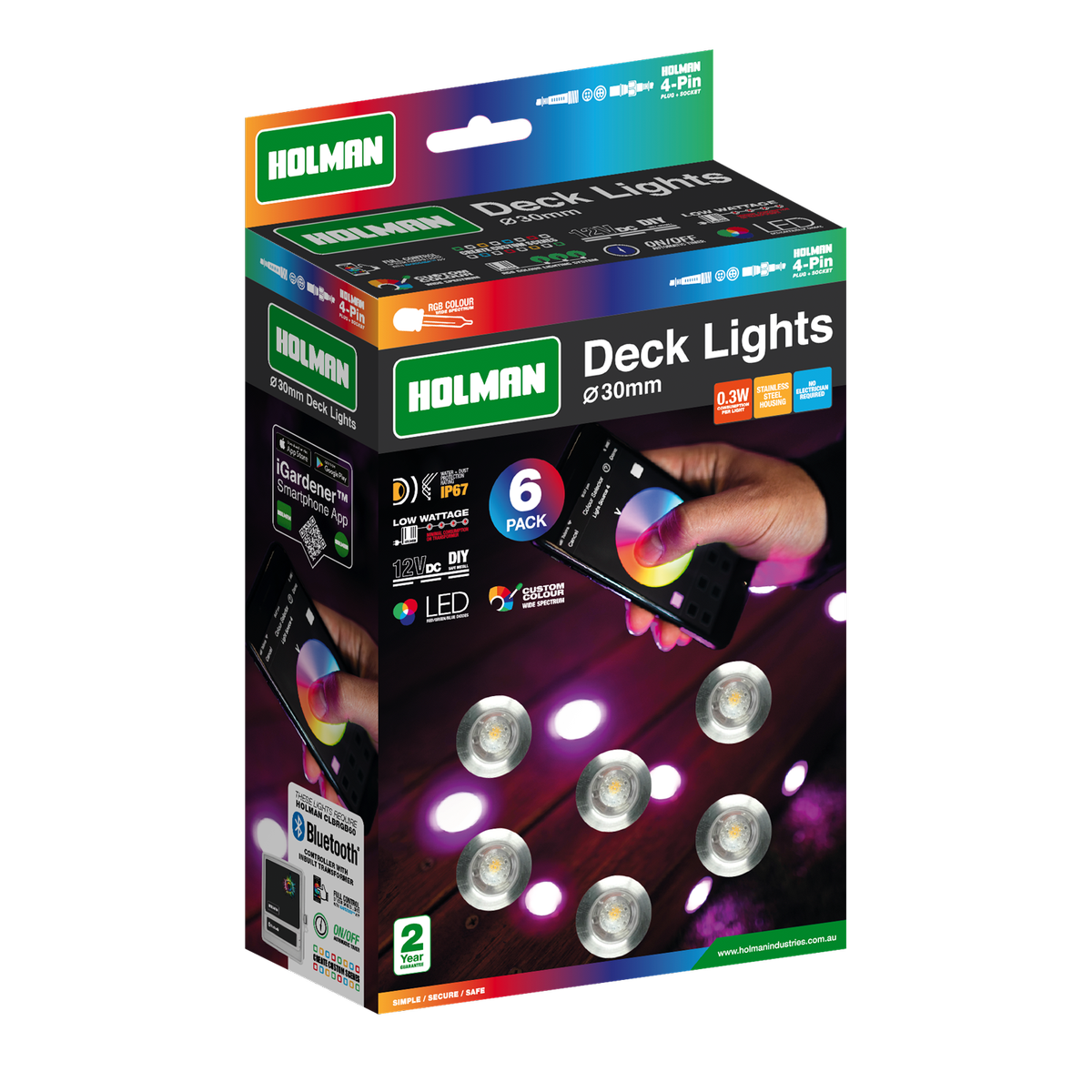 Holman RGB Colour Deck Light 30mm Stainless Steel 6 Pack Waterproof