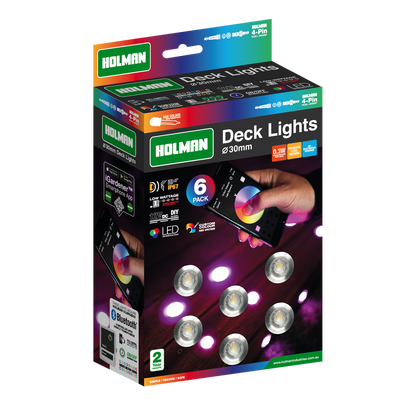 Holman RGB Colour Deck Light 30mm Stainless Steel 6 Pack Waterproof