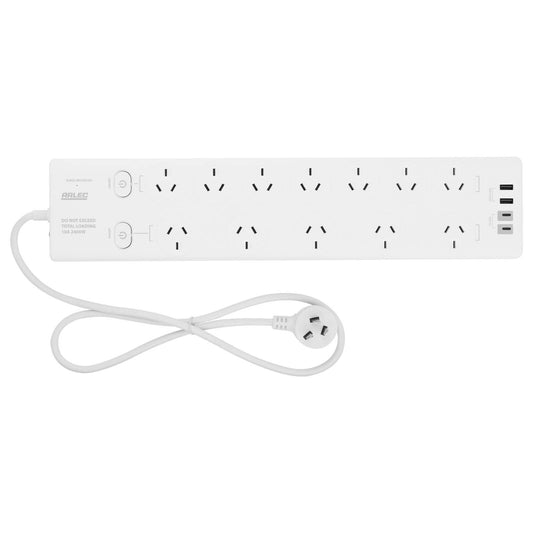 Arlec Surge Protected Powerboard - 12 Outlet - 190 x 30mm - White