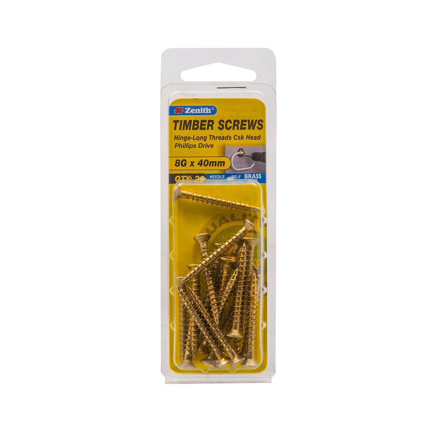 Zenith Timber Screws - 8g x 40mm - Brass - 20 Pack
