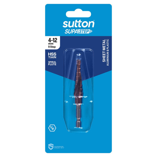Sutton 4-12mm HSS Spiral Flute Supa 9 Steps Drill - For Sheet Metal, Aluminium & Plastics