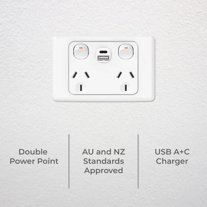 Deta Double Pole Double Power Point with USB A+C - 50 x 74 x 115mm