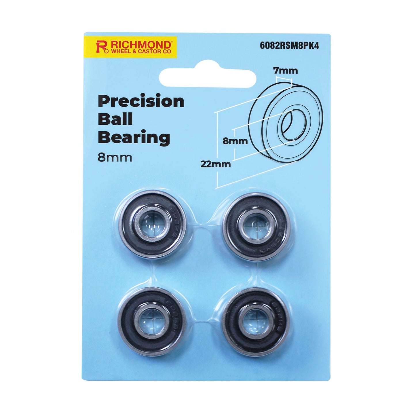 Richmond Precision Ball Bearings - 22 x 8 x 7mm - Rubber Sealed - 4 Pack
