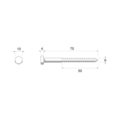 Zenith Hot Dip Galvanised Hex Head Coach Screws - M6 x 75mm - 25 Pack