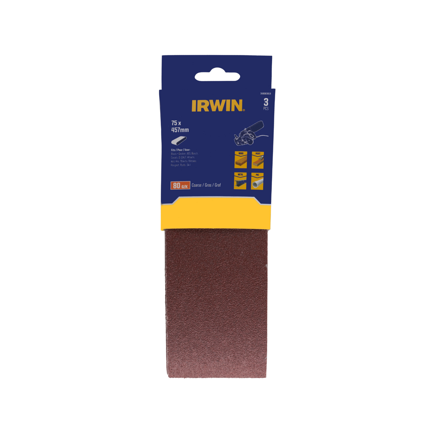Irwin Sanding Belt - 75 x 457mm - 80 Grit - 3 Pack