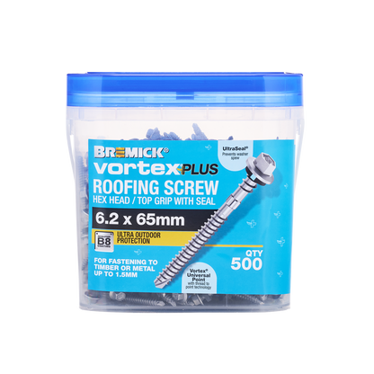 Bremick Vortex Plus Roofing Screw - 6.2 x 65mm - Hex B8 - 500 Pack