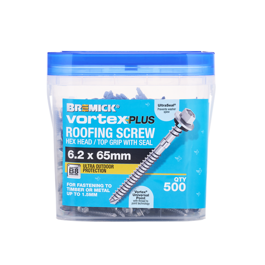 Bremick Vortex Plus Roofing Screw - 6.2 x 65mm - Hex B8 - 500 Pack