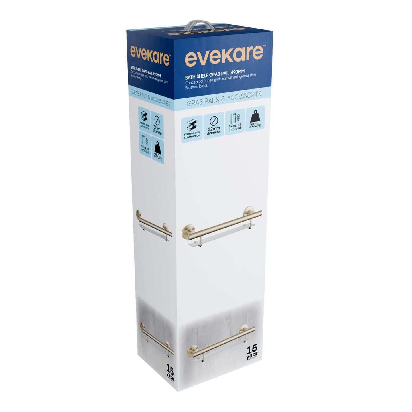 Evekare Bath Shelf with Grab Rail - 490mm - Brushed Brass