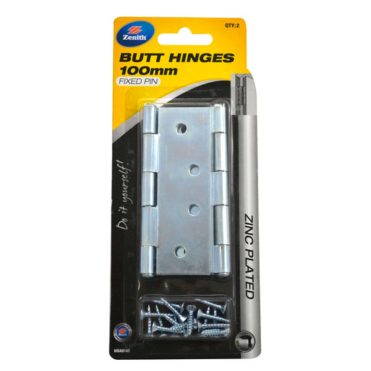 Lane 100mm Zinc Plated Fixed Pin Butt Hinge - 2 Pack