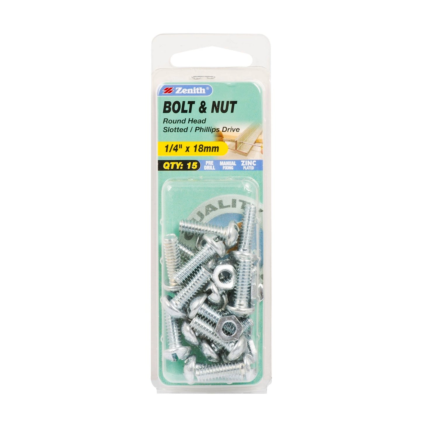 Zenith Round Head Bolt & Nut - 1/4 x 18mm - 15 Pack